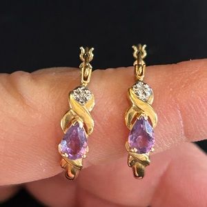 14k gold-amethyst-diamond hoop earrings